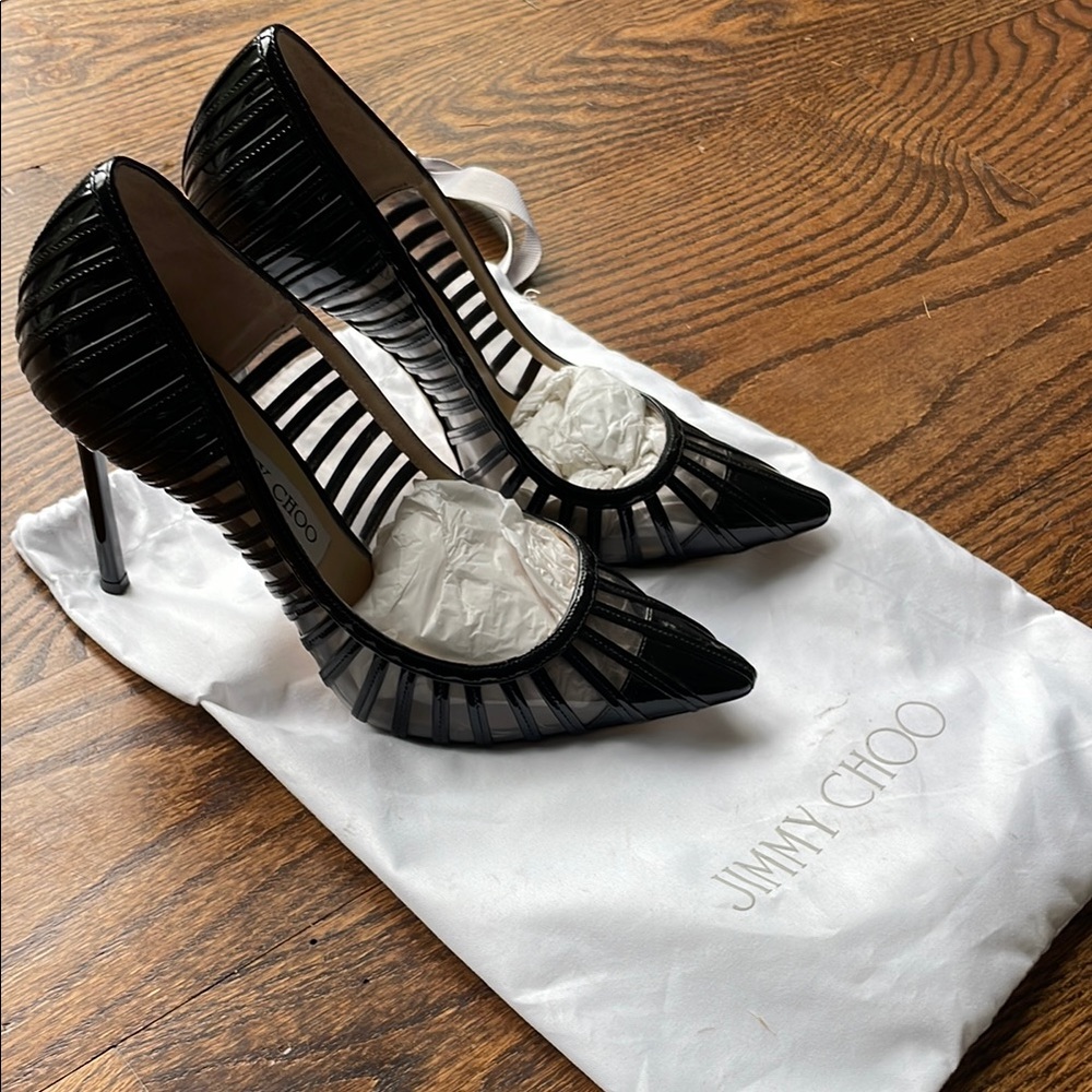 Jimmy Choo Black Patent Leather Heels with Ruffle Detail